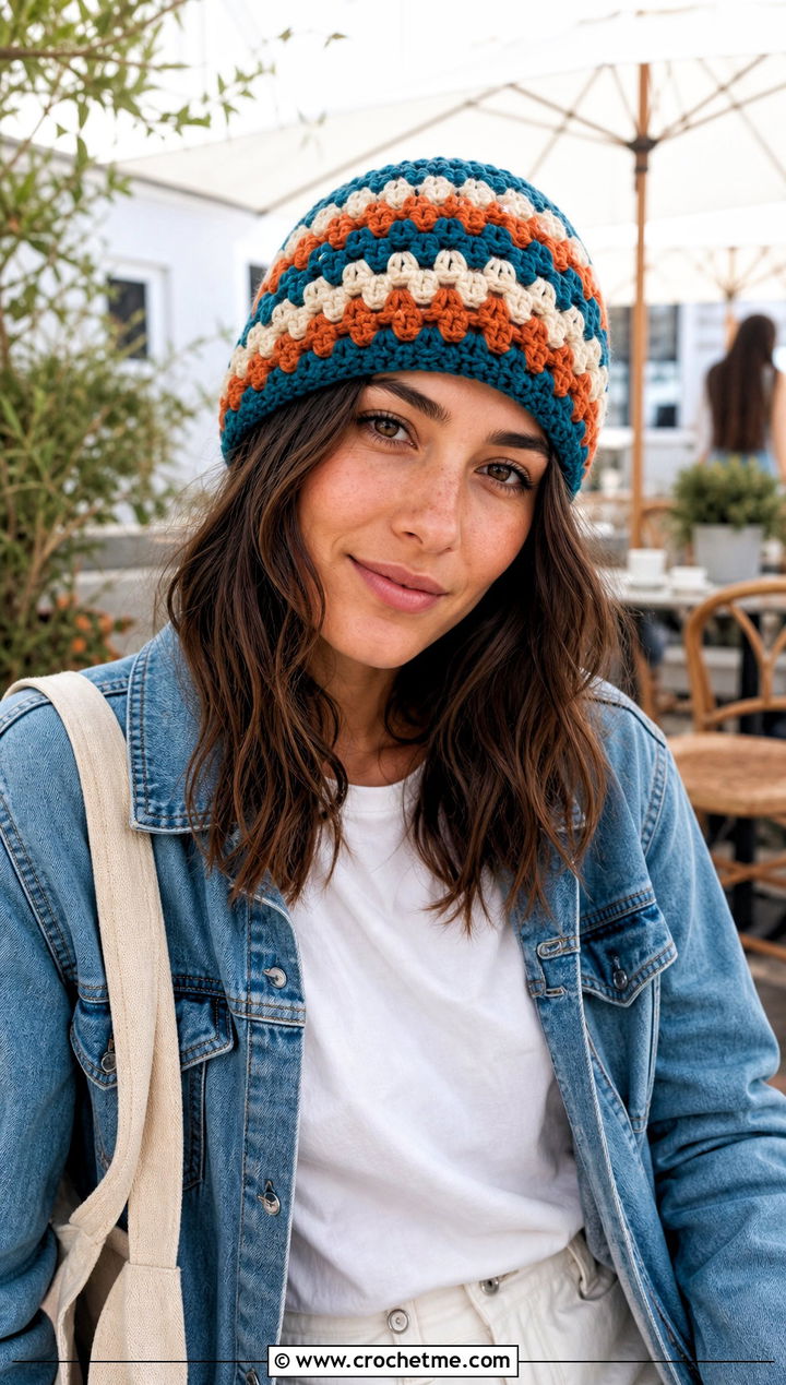 Granny Stripe Crochet Beanie With Denim Jacket - 25 striped crochet beanie outfit ideas