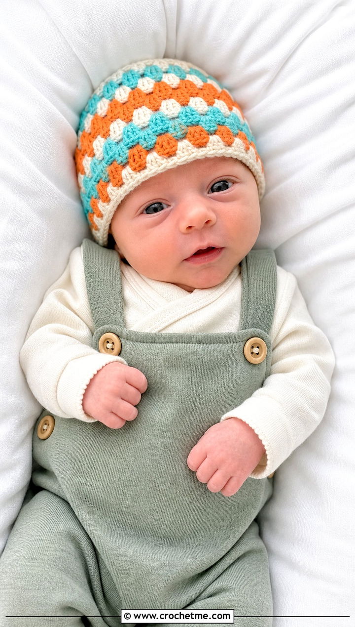 Granny Stripe Crochet Beanie With Soft Overalls - 25 premie crochet beanie outfit ideas