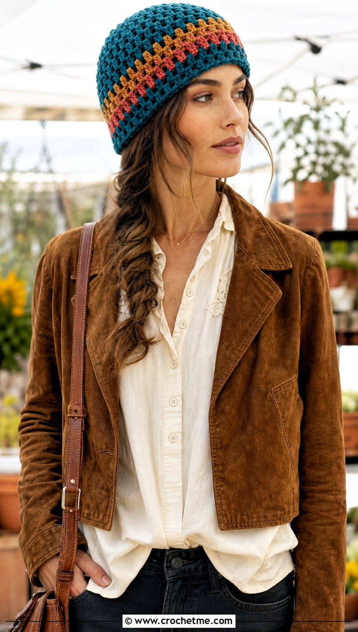 Granny Stripe Crochet Beanie With Suede Jacket - 15 Crochet Striped Beanies outfit ideas