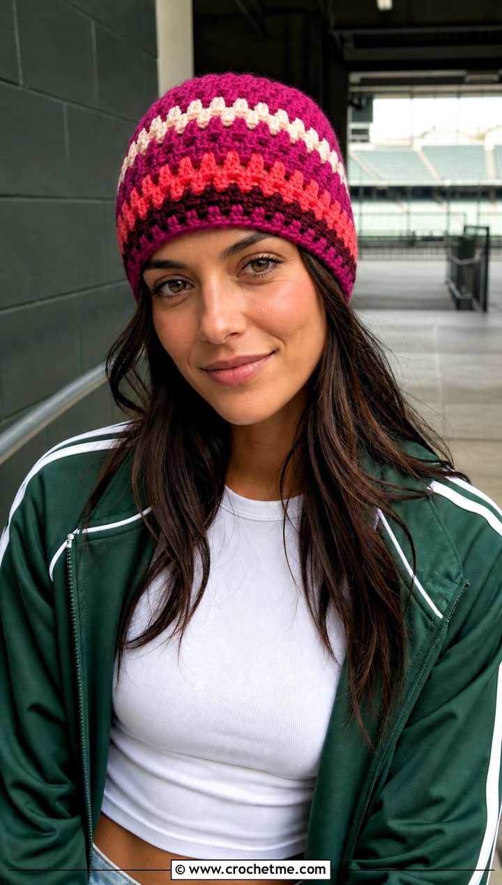 Granny Stripe Crochet Beanie With Track Jacket And Jeans - 25 Fast Crochet Beanie outfit ideas