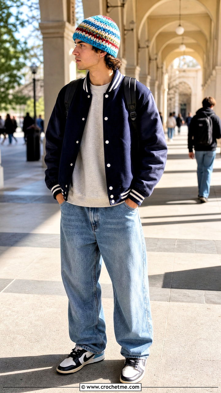 Granny Stripe Crochet Beanie With Varsity Jacket And Wide Jeans - 35 crochet beanie for men outfit ideas