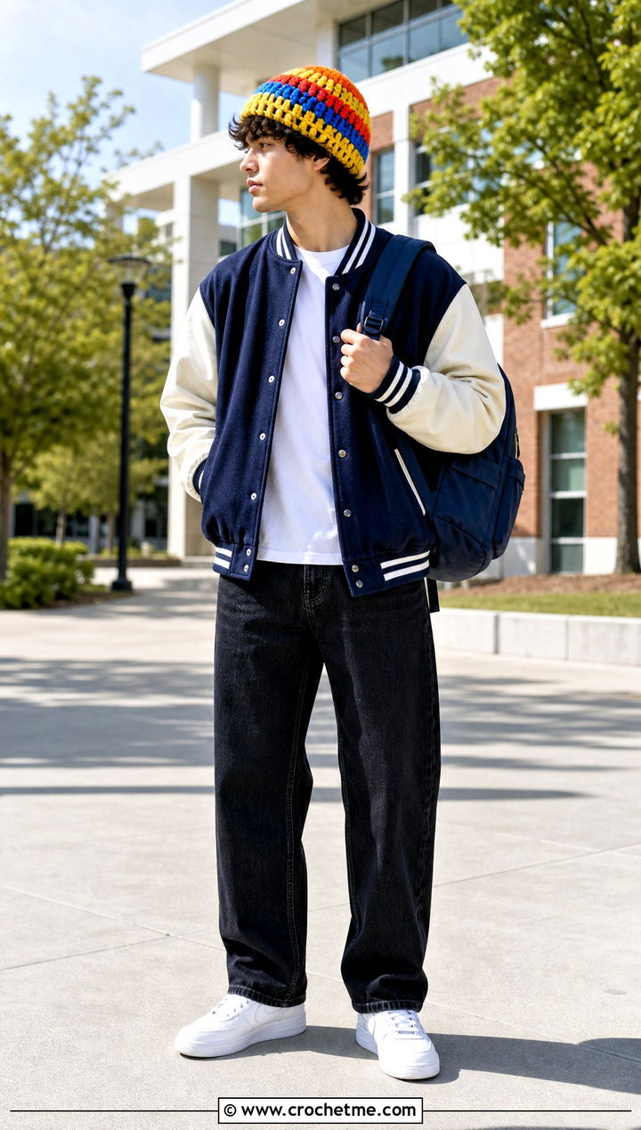 Granny Stripe Crochet Beanie With Varsity Jacket - 35 Men Crochet Beanie outfit ideas