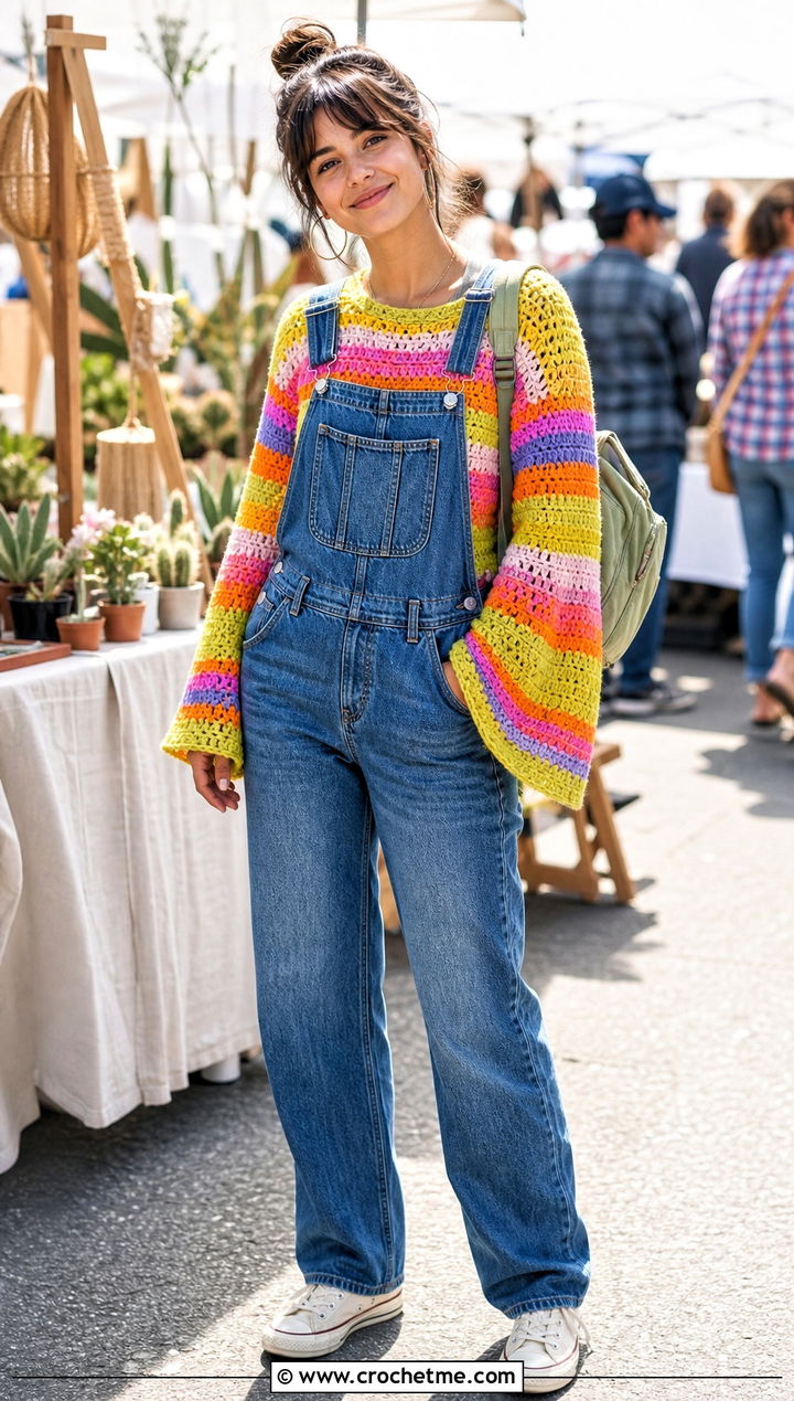Granny Stripe Crochet Bell Sleeve Top With Denim Overalls - 30 crochet top with bell sleeves outfit ideas