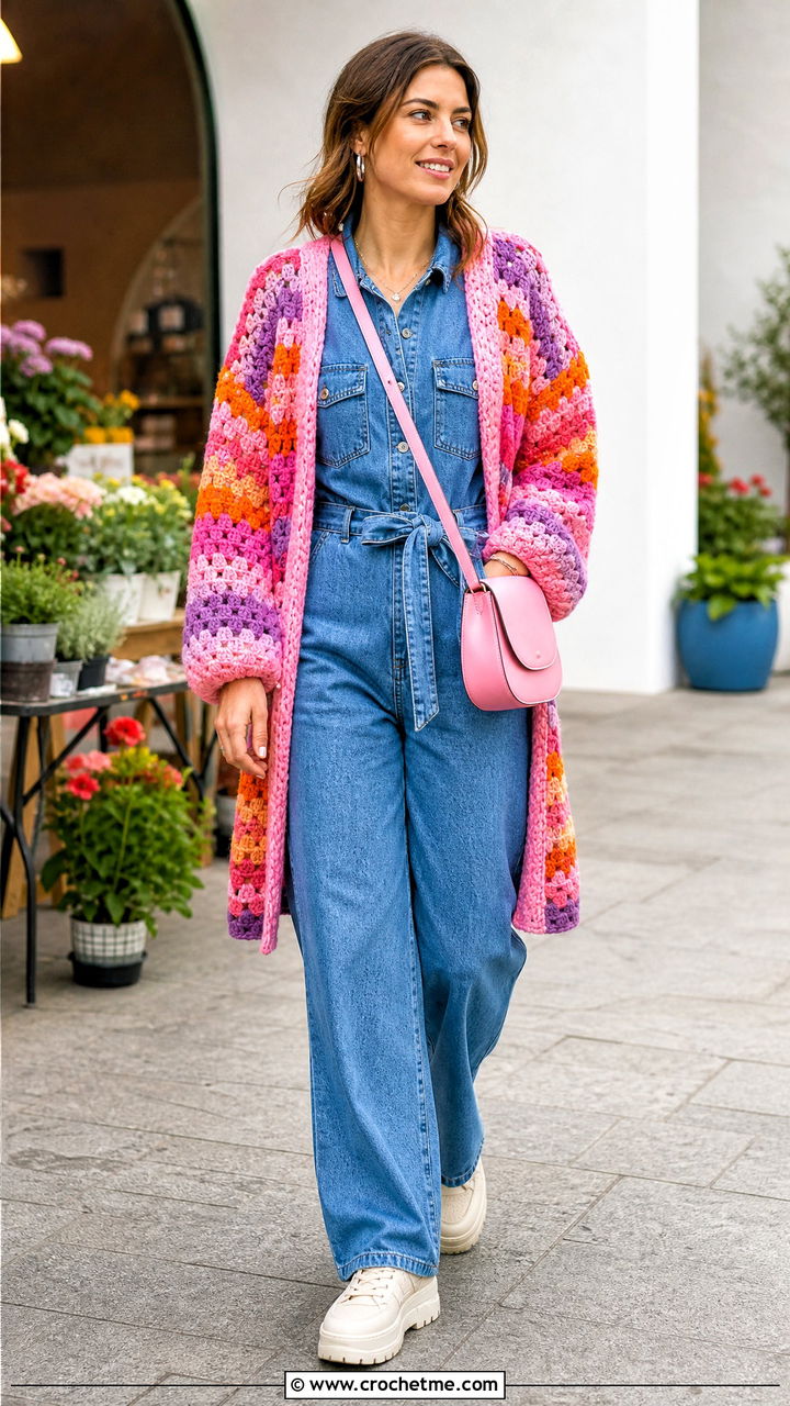 Granny Stripe Crochet Blanket Cardigan With Denim Jumpsuit - 35 crochet blanket cardigan outfit ideas
