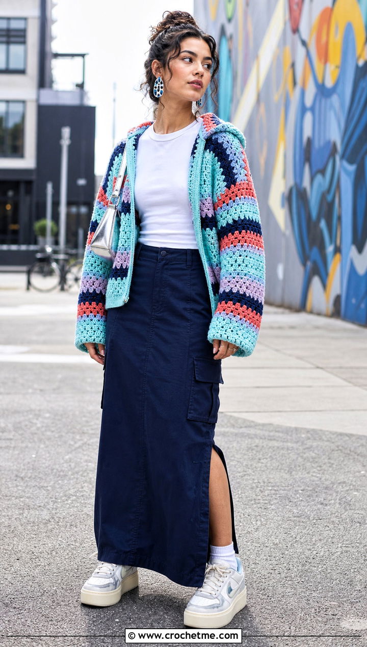 Granny Stripe Crochet Blanket Hoodie With Cargo Maxi Skirt - 30 crochet blanket hoodie outfit ideas