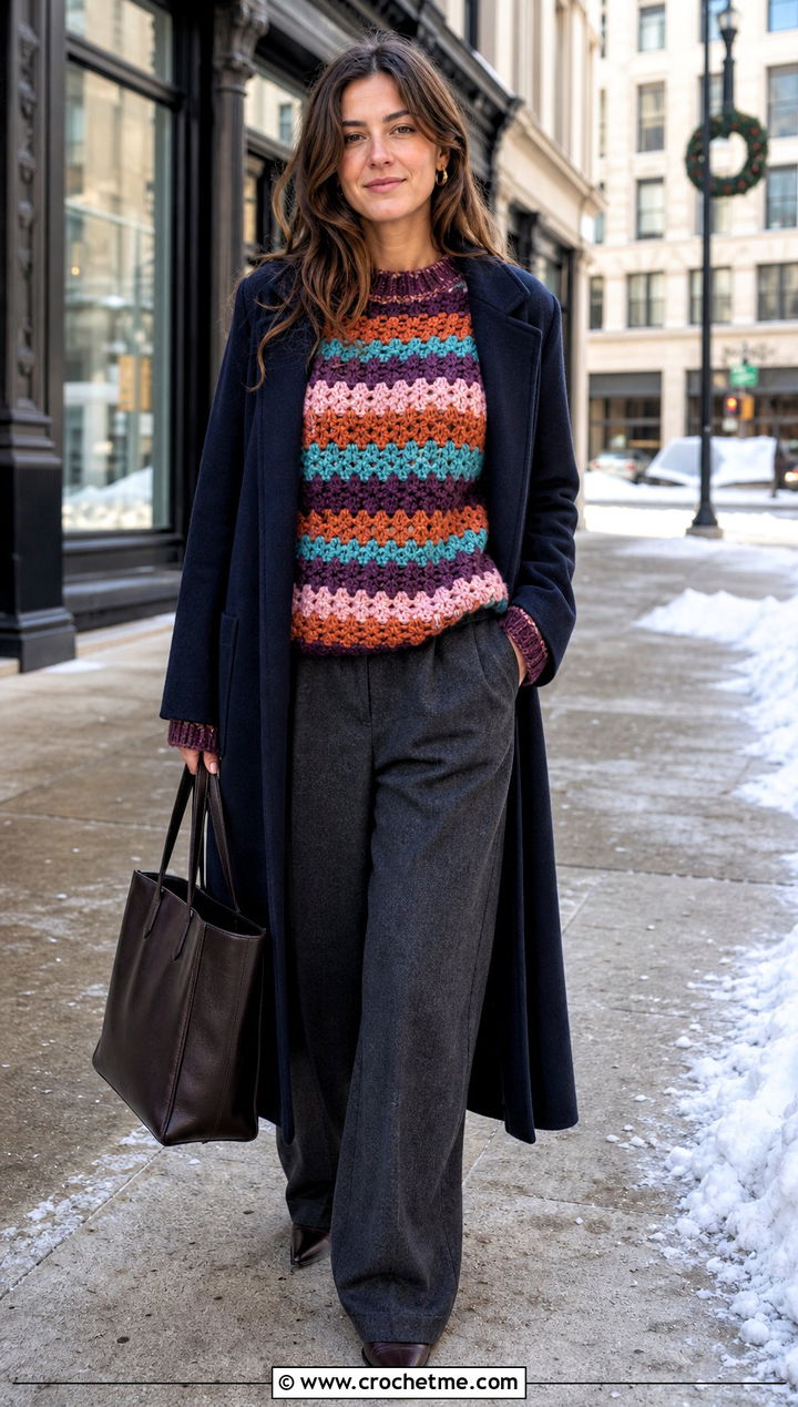 Granny Stripe Crochet Boho Sweater With Wool Trousers - 30 crochet boho sweater outfit ideas