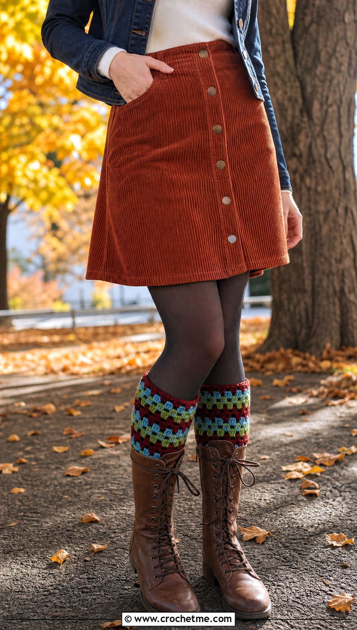 Granny Stripe Crochet Boot Cuffs With Corduroy Skirt and Lace Up Boots - 30 crochet boot cuff outfit ideas
