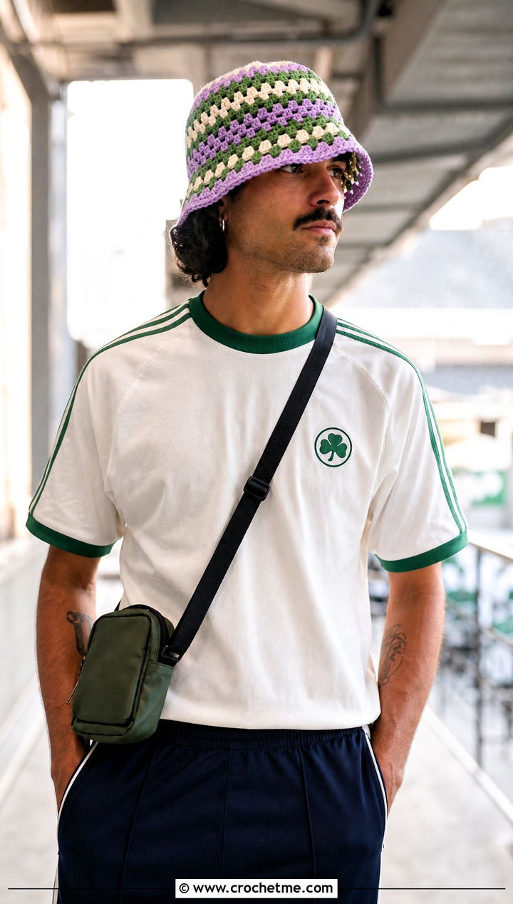Granny Stripe Crochet Bucket Hat With Soccer Jersey And Track Pants - 30 crochet bucket hat men outfit ideas