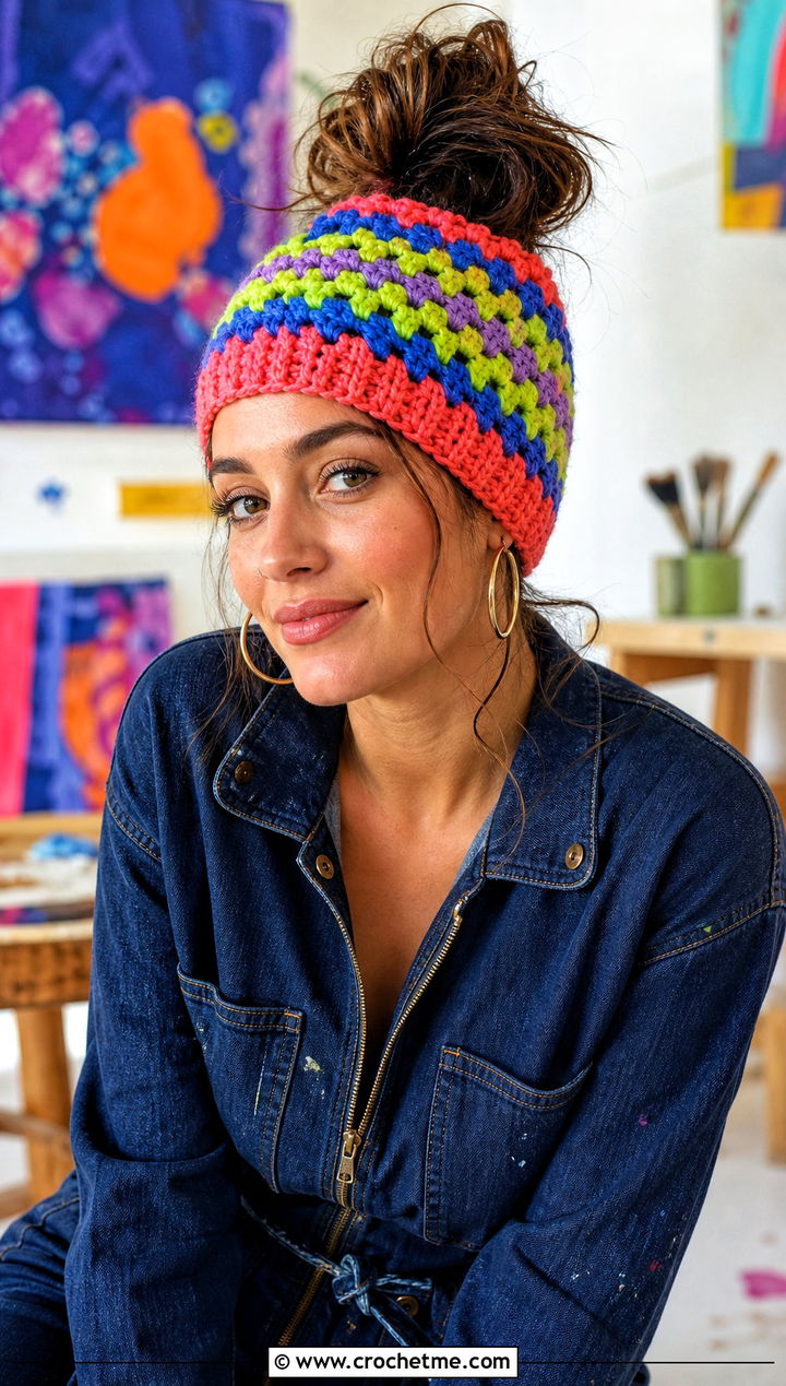 Granny Stripe Crochet Bun Beanie With Denim Jumpsuit - 15 Crochet Bun Hats outfit ideas
