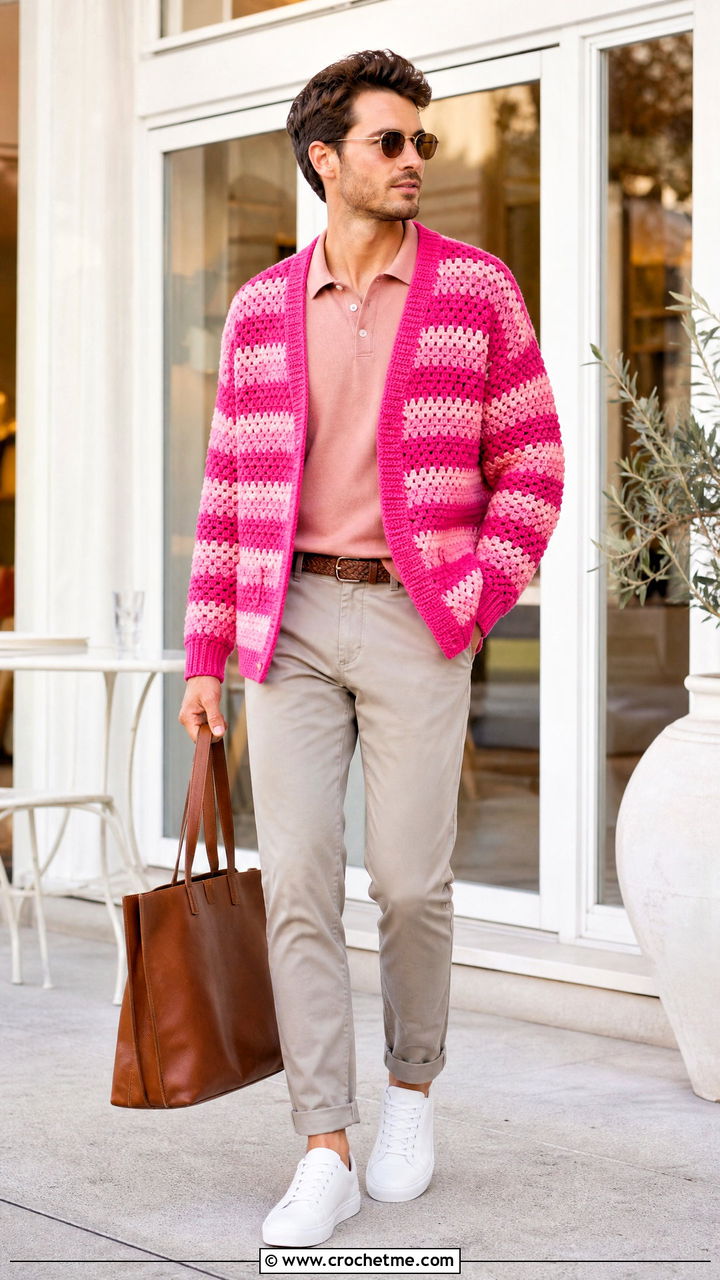 Granny Stripe Crochet Cardigan With Chinos - 35 crochet cardigan men outfit ideas
