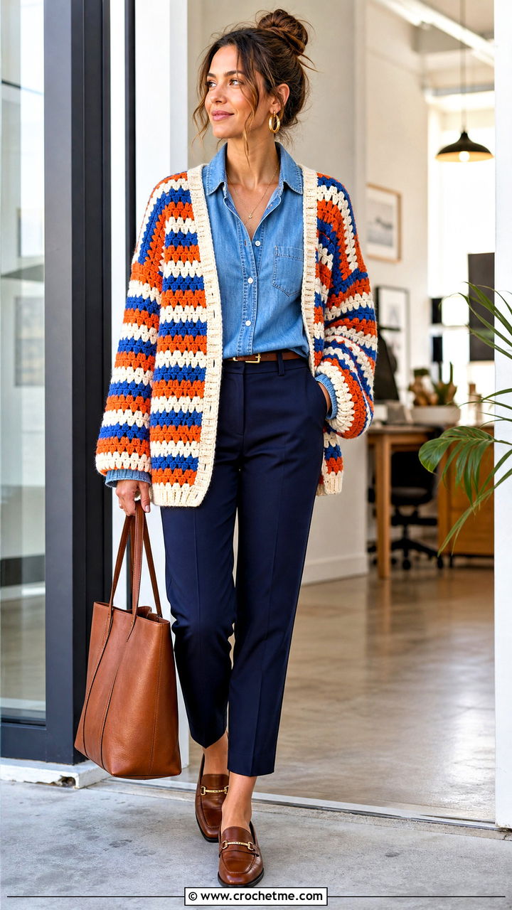 Granny Stripe Crochet Cardigan With Denim Shirt - 35 oversized crochet cardigan outfit ideas