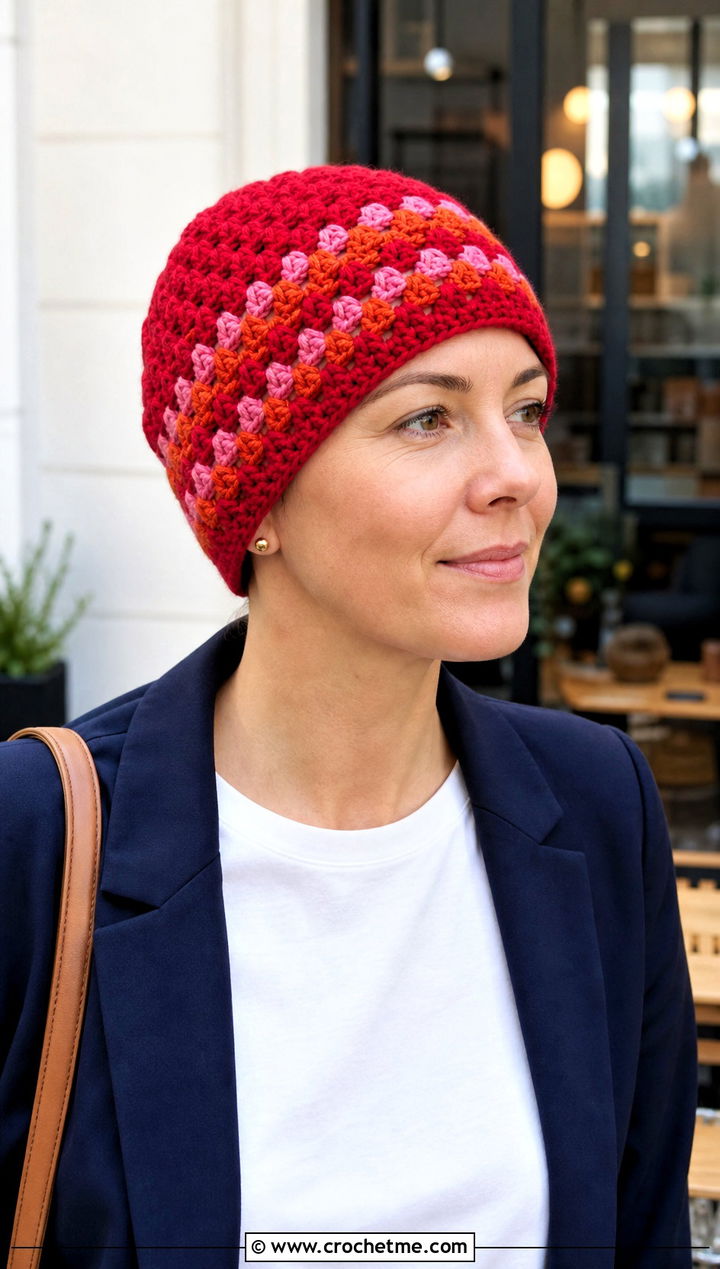 Granny Stripe Crochet Chemo Beanie With Blazer And Jeans - 30 crochet chemo hat outfit ideas