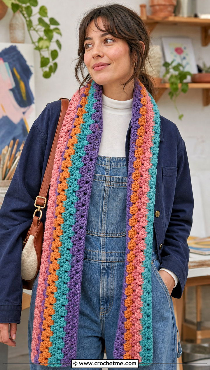 Granny Stripe Crochet Chenille Scarf With Overalls - 25 crochet chenille scarf outfit ideas