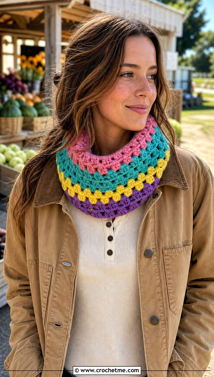 Granny Stripe Crochet Chunky Cowl With Barn Jacket - 30 crochet chunky cowl outfit ideas