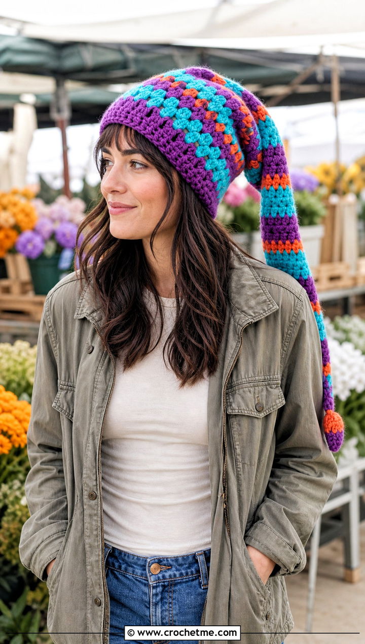 Granny Stripe Crochet Cindy Lou Who Hat With Utility Jacket - 20 Crochet Cindy Lou Who Hat outfit ideas