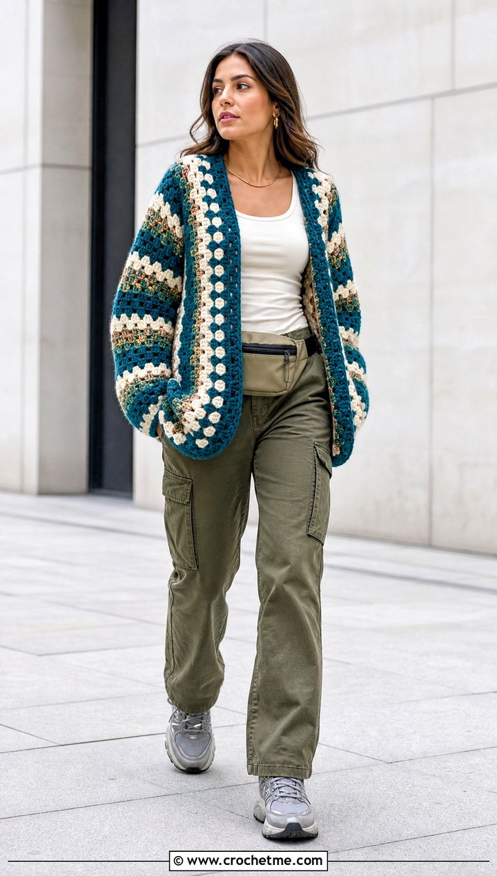 Granny Stripe Crochet Couch Sweater With Cargo Pants - 15 Crochet Couch Sweater outfit ideas