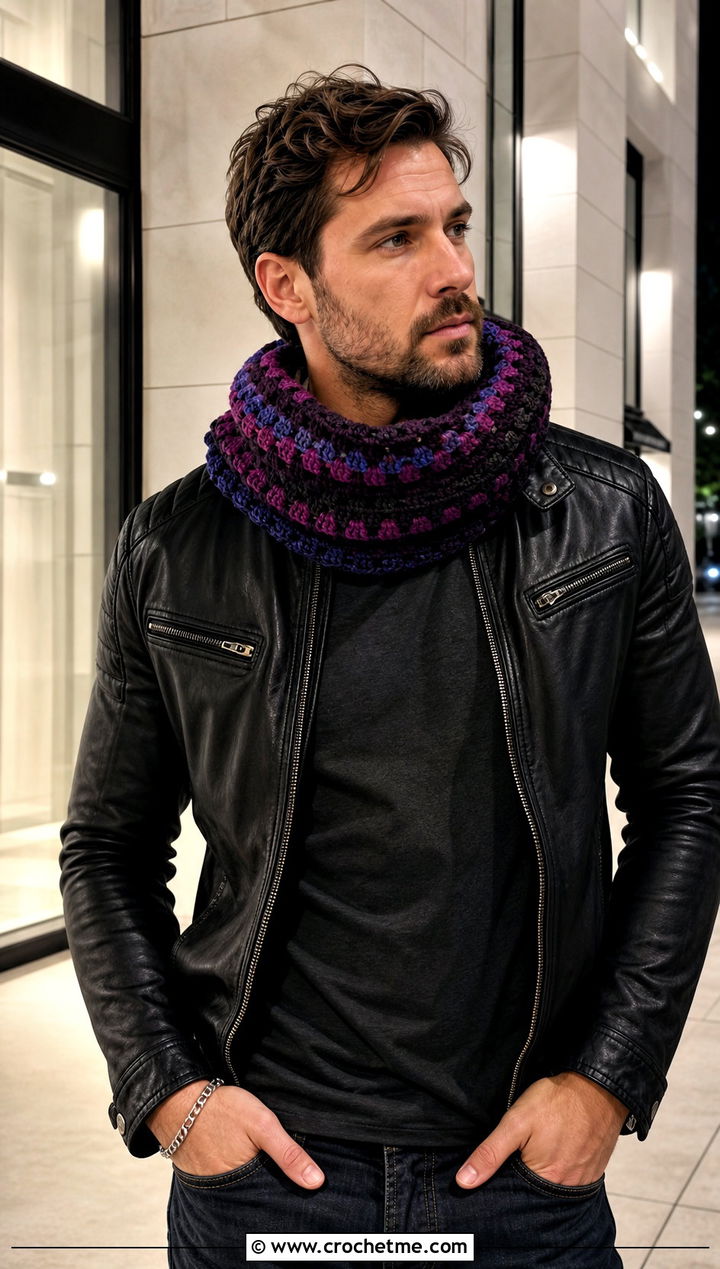 Granny Stripe Crochet Cowl With Leather Jacket - 25 Men Crochet Cowl outfit ideas