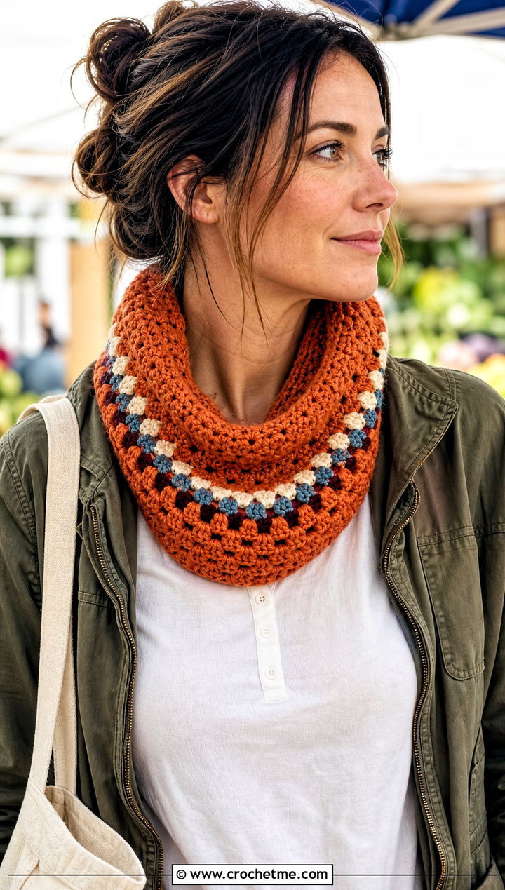 Granny Stripe Crochet Cowl With Utility Jacket - 15 1 Skein Crochet Cowl outfit ideas