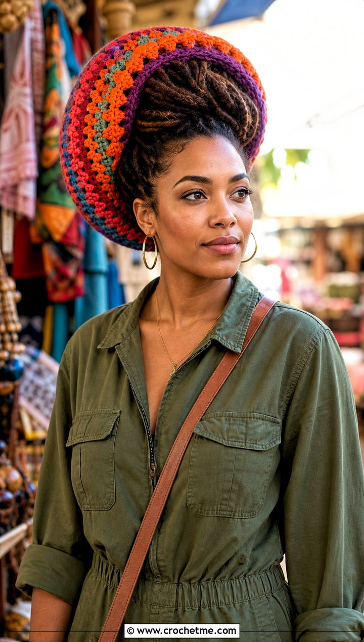 Granny Stripe Crochet Dreadlock Tam With Utility Jumpsuit - 25 Crochet Dreadlock Hat outfit ideas