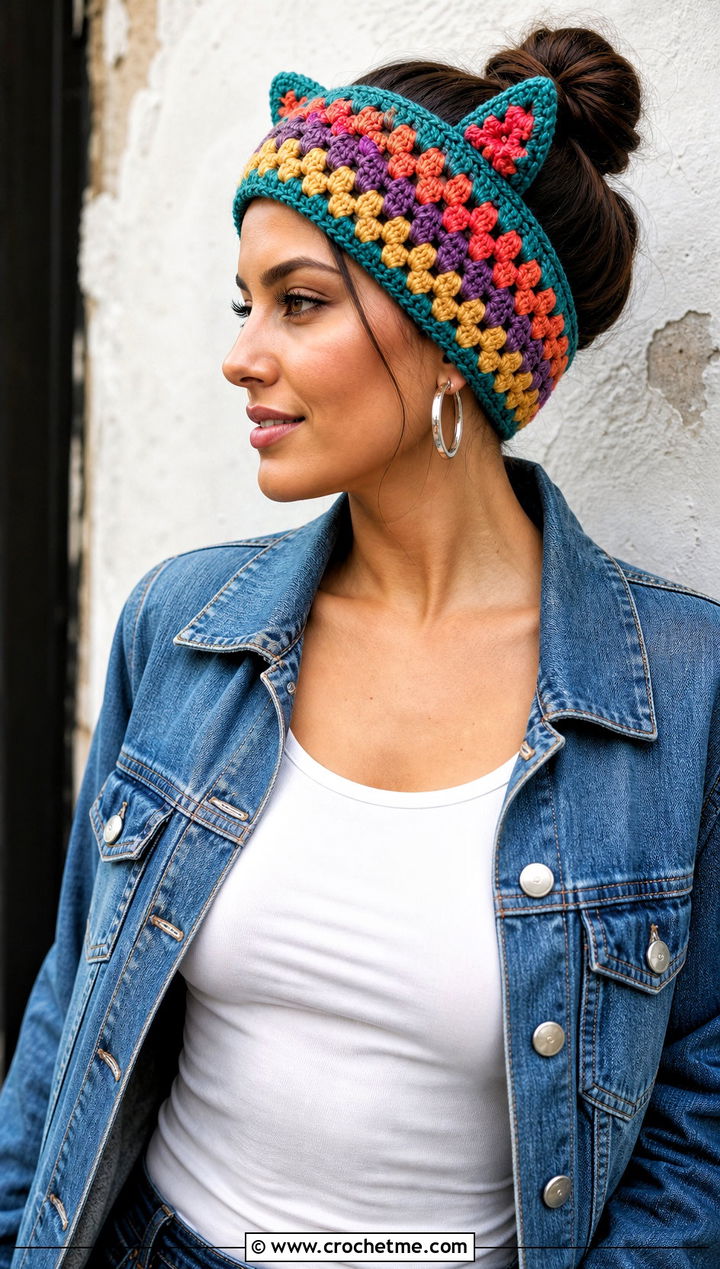 Granny Stripe Crochet Ear Headband With Denim Jacket And Cargo Pants - 30 crochet ear headband outfit ideas