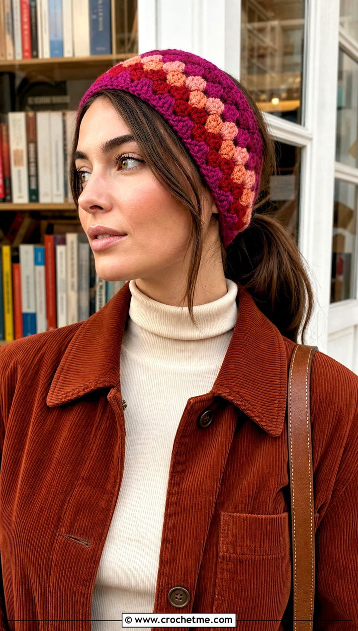 Granny Stripe Crochet Ear Warmer With Corduroy Jacket - 25 Beginner Crochet Ear Warmer outfit ideas