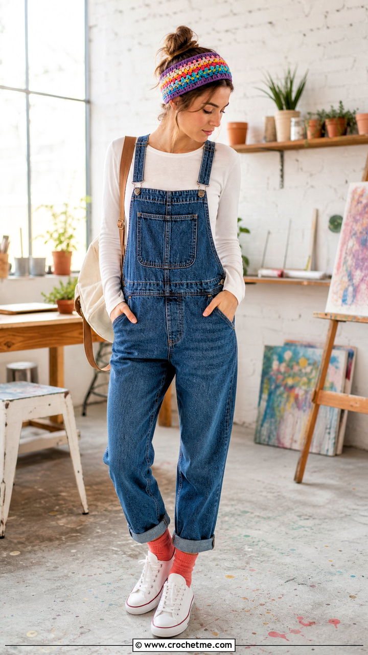 Granny Stripe Crochet Ear Warmer With Overalls And Sneakers - 35 crochet ear warmer outfit ideas