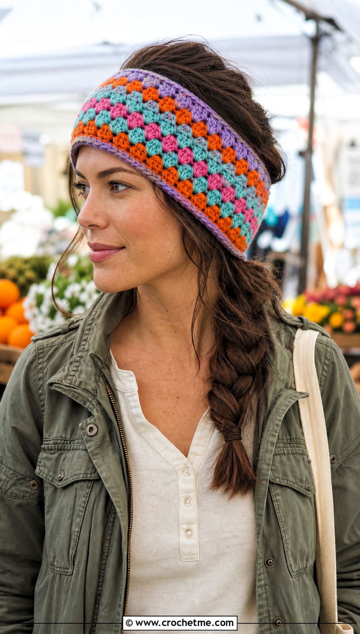 Granny Stripe Crochet Ear Warmer With Utility Jacket - 25 Quick Crochet Ear Warmer outfit ideas
