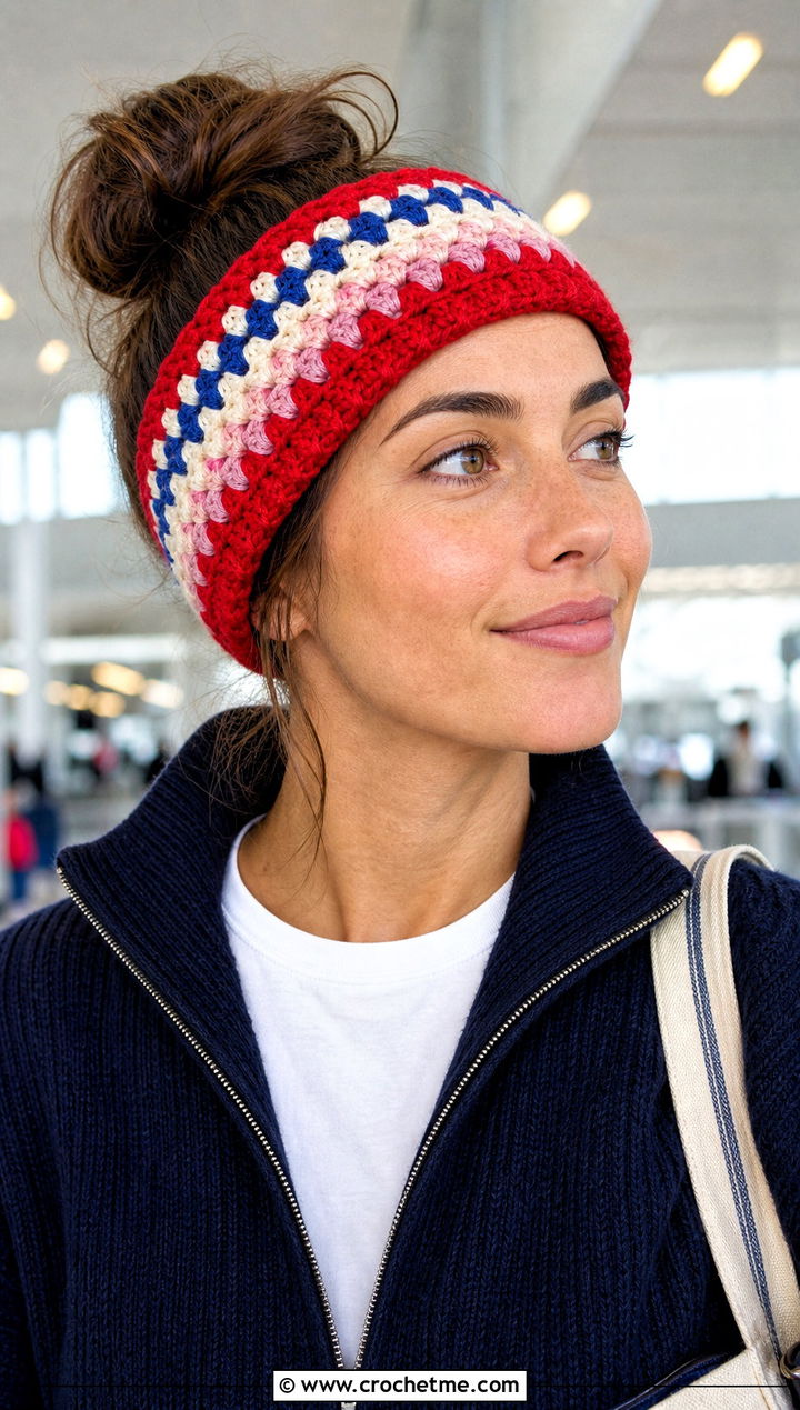 Granny Stripe Crochet Ear Wrap With Airport Outfit - 20 crochet ear wrap outfit ideas