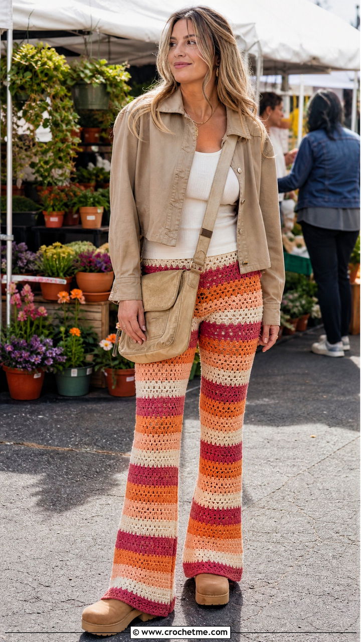 Granny Stripe Crochet Flare Pants With Utility Jacket - 35 crochet flare pants outfit ideas