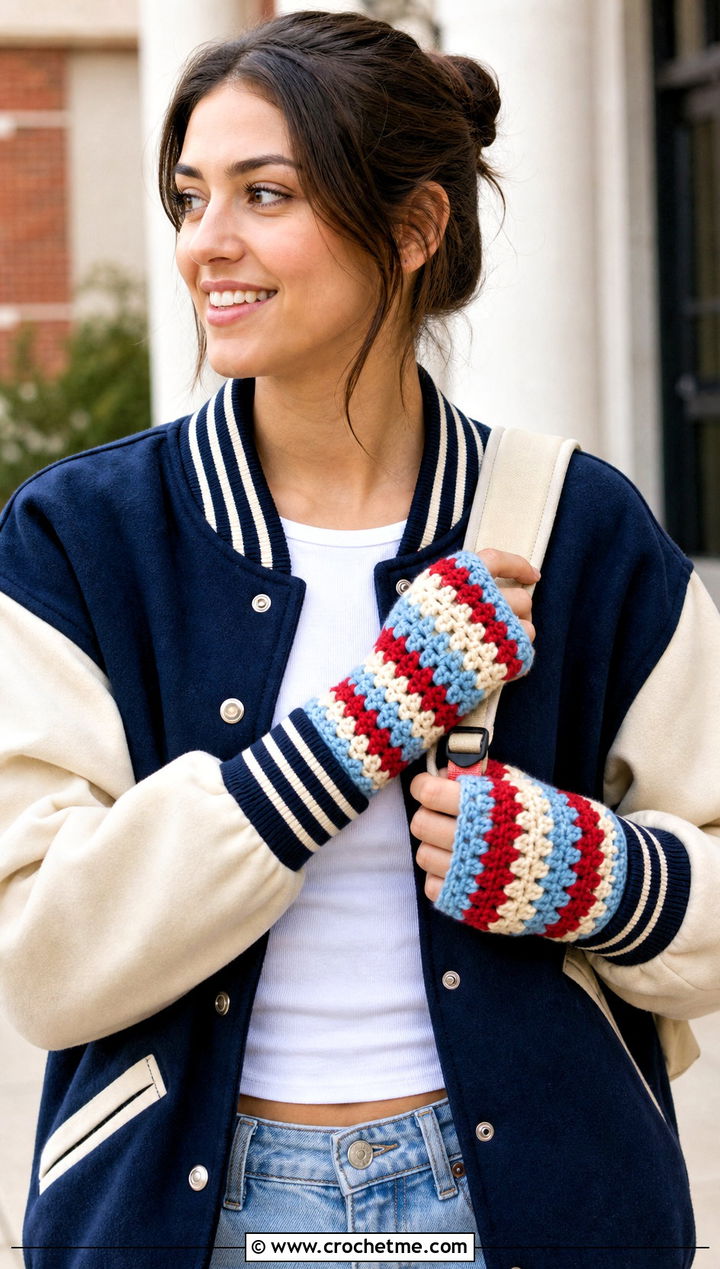 Granny Stripe Crochet Gloves With Varsity Jacket - 35 crochet gloves fingers outfit ideas
