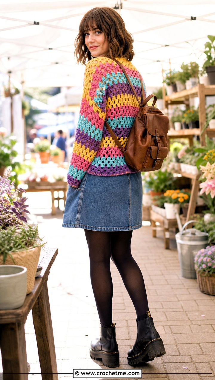 Granny Stripe Crochet Grunge Sweater Over A Denim Dress - 30 crochet grunge sweater outfit ideas
