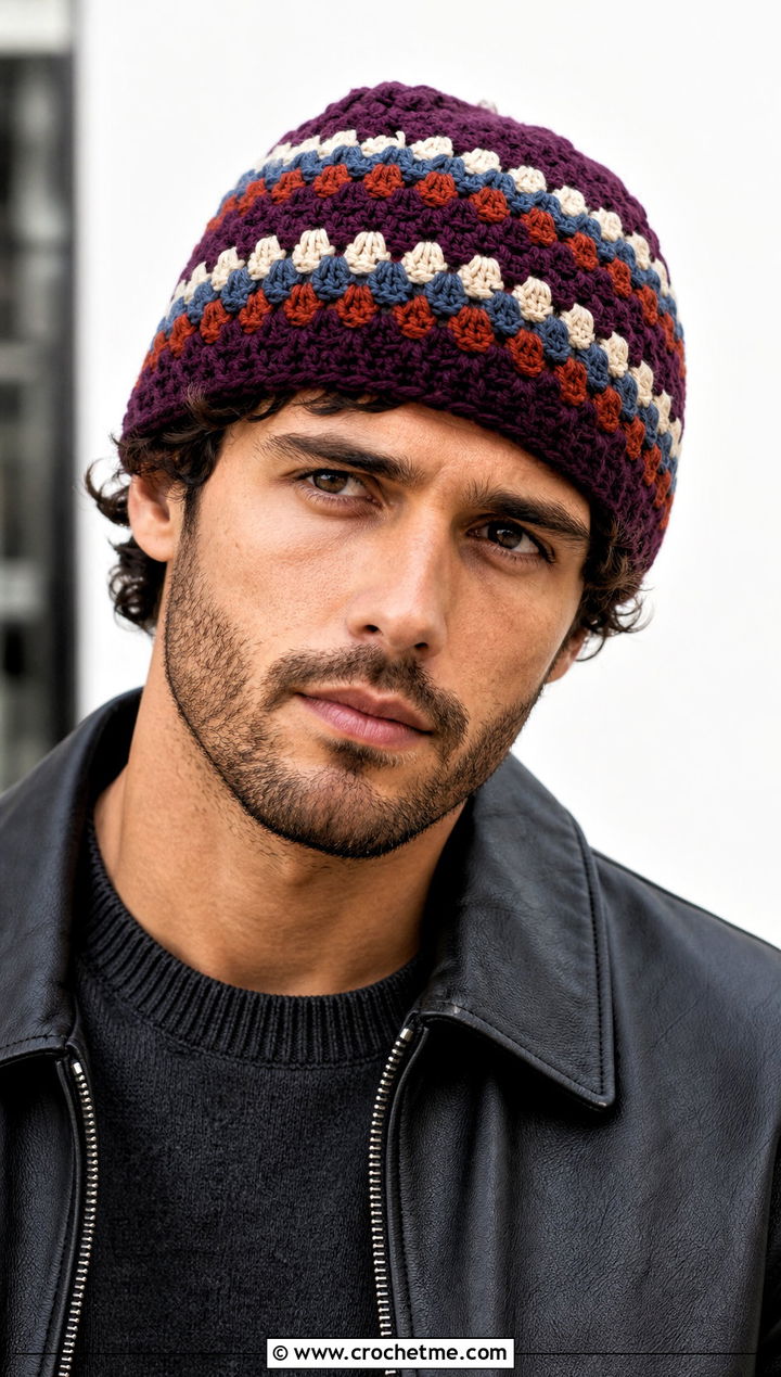 Granny Stripe Crochet Hat With Leather Jacket - 15 Easy Crochet Mens Hat outfit ideas