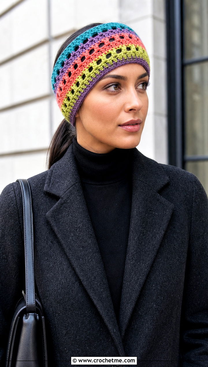 Granny Stripe Crochet Headband Ear Warmer With Minimalist Outfit - 20 Crochet Headband Ear Warmer outfit ideas