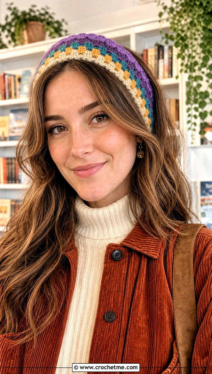 Granny Stripe Crochet Headband With Corduroy Outfit - 25 Easy Crochet Winter Headband outfit ideas