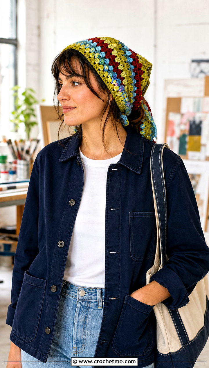 Granny Stripe Crochet Headwrap With Chore Jacket - 35 crochet headwrap outfit ideas