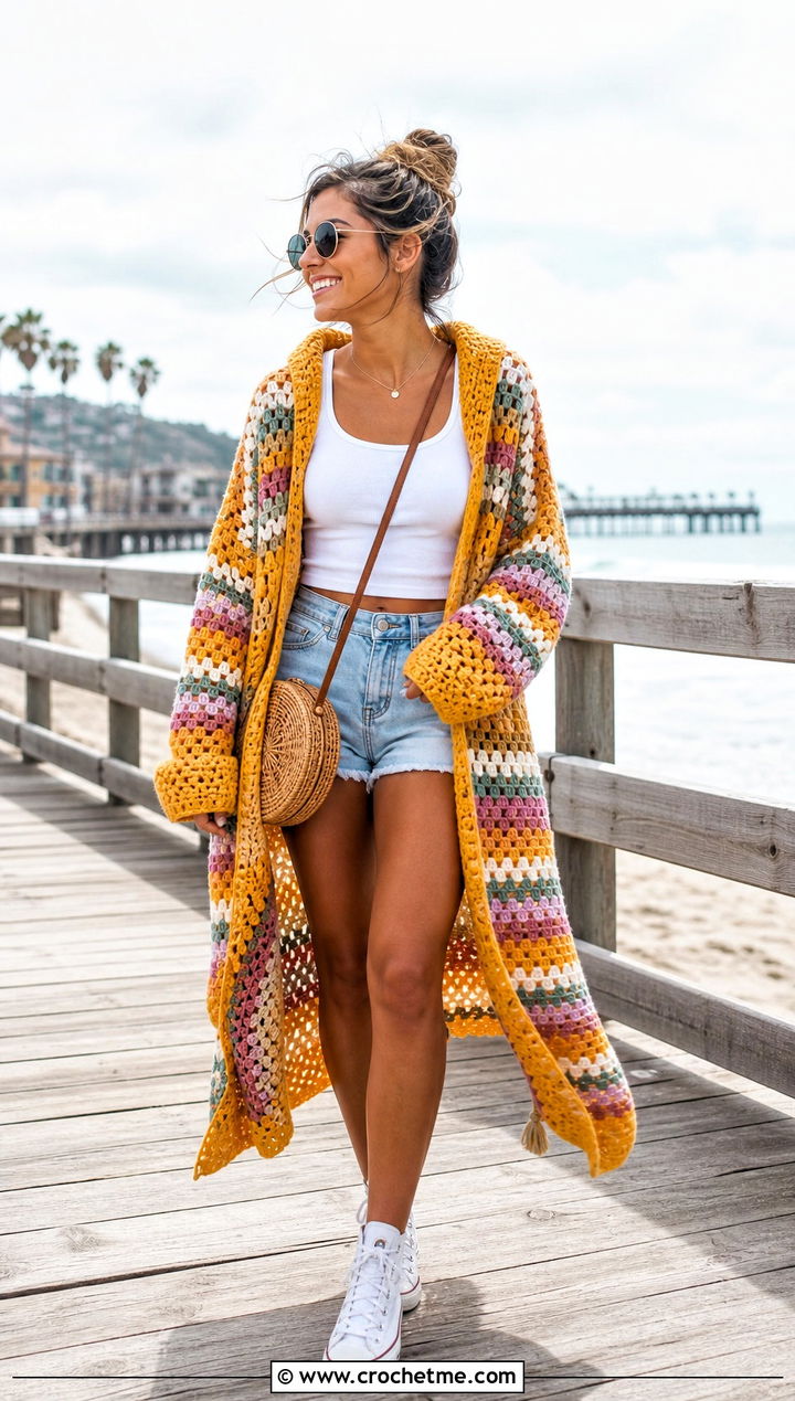 Granny Stripe Crochet Hoodie Blanket With Denim Shorts - 25 crochet hoodie blanket outfit ideas