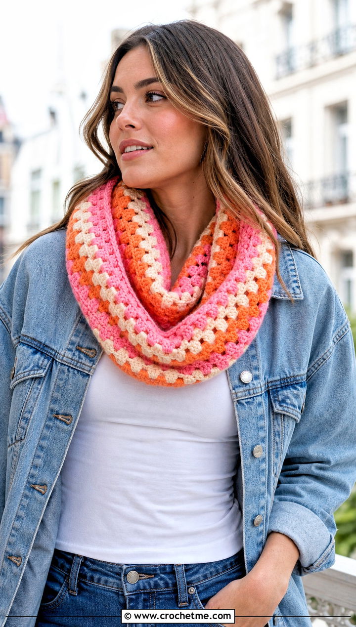 Granny Stripe Crochet Infinity Scarf With Denim Jacket And Jeans - 15 Striped Crochet Infinity Scarf outfit ideas