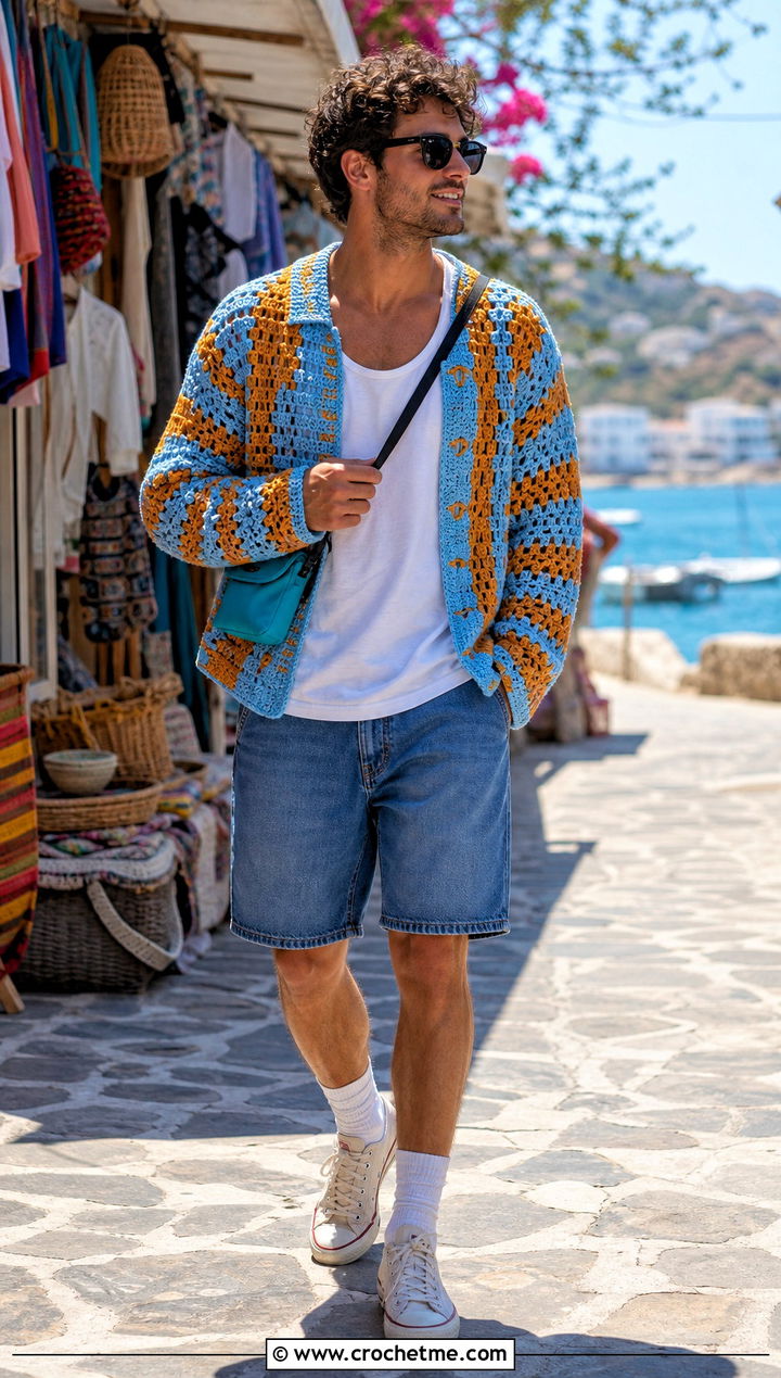 Granny Stripe Crochet Jumper With Denim Shorts - 25 mens crochet jumper outfit ideas