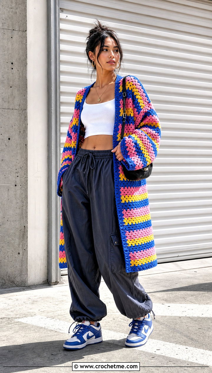 Granny Stripe Crochet Kimono Cardigan With Parachute Pants - 35 crochet kimono cardigan outfit ideas