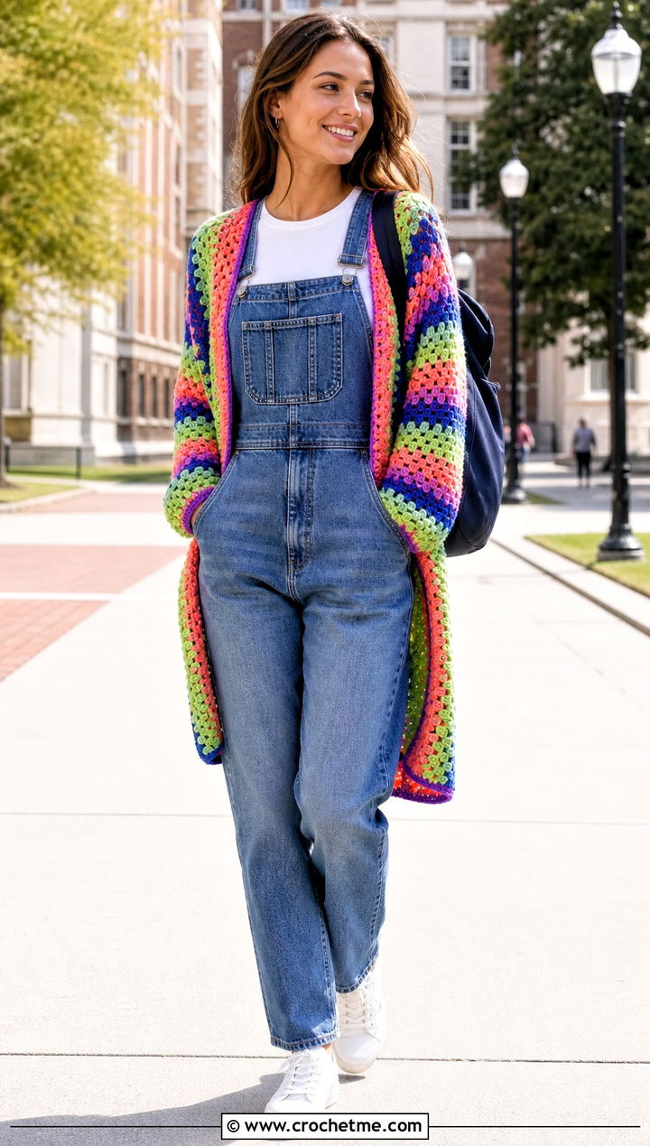 Granny Stripe Crochet Long Jacket With Overalls - 35 crochet long jacket outfit ideas