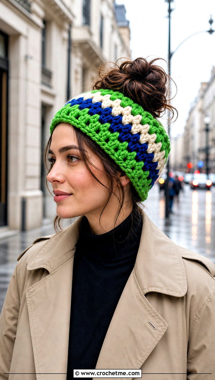 Granny Stripe Crochet Messy Bun Hat With Trench Coat - 20 Crochet Messy Bun Hat Bulky Yarn outfit ideas
