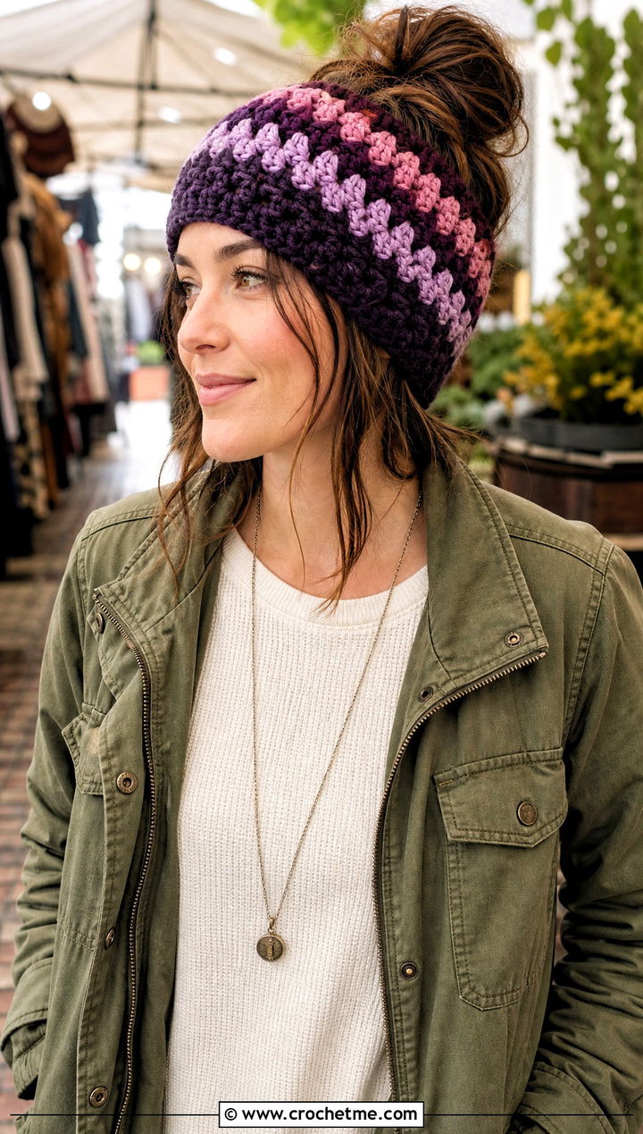 Granny Stripe Crochet Messy Bun Hat With Utility Jacket - 15 Easy Crochet Messy Bun Hat outfit ideas