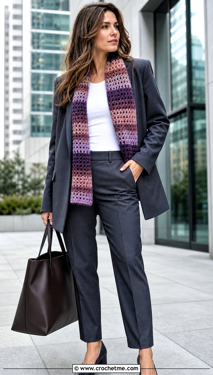 Granny Stripe Crochet Mohair Scarf With Blazer - 30 crochet mohair scarf outfit ideas