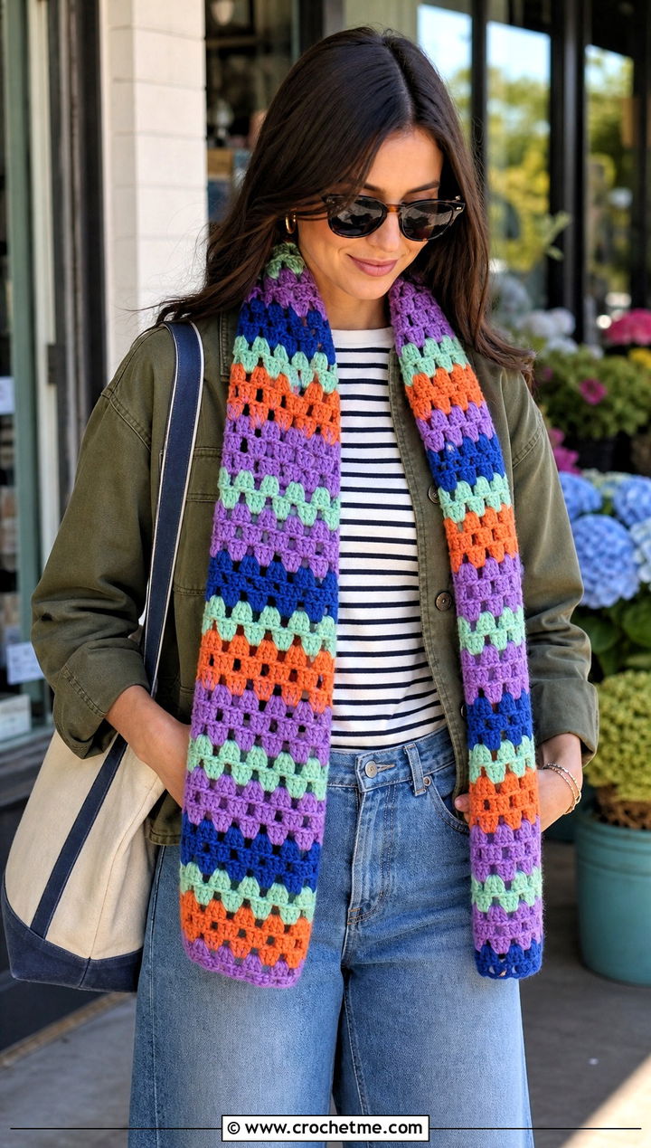 Granny Stripe Crochet Mood Scarf With Barn Jacket And Barrel Jeans - 15 Crochet Mood Scarf outfit ideas