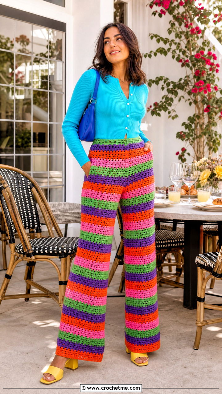 Granny Stripe Crochet Pants With Cardigan - 35 crochet pants outfit ideas