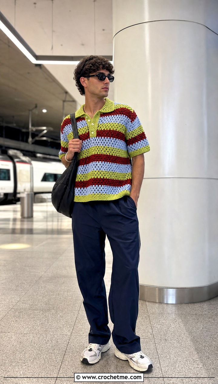 Granny Stripe Crochet Polo With Track Pants - 15 Mens Crochet Collared Shirt outfit ideas