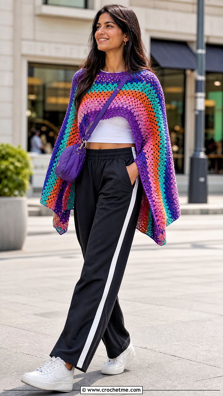Granny Stripe Crochet Poncho With Track Pants - 35 easy crochet poncho outfit ideas