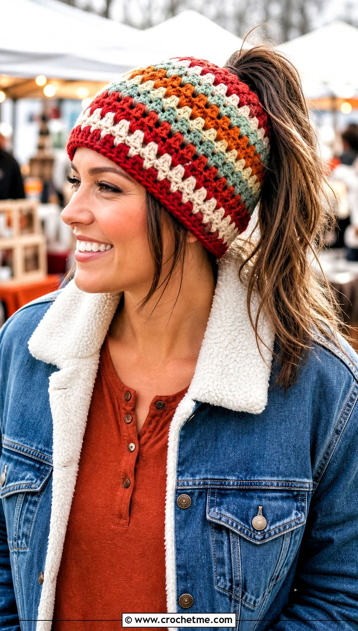 Granny Stripe Crochet Ponytail Beanie With Denim Jacket And Corduroy Pants - 20 Crochet Beanie With Ponytail Hole Hat outfit ideas