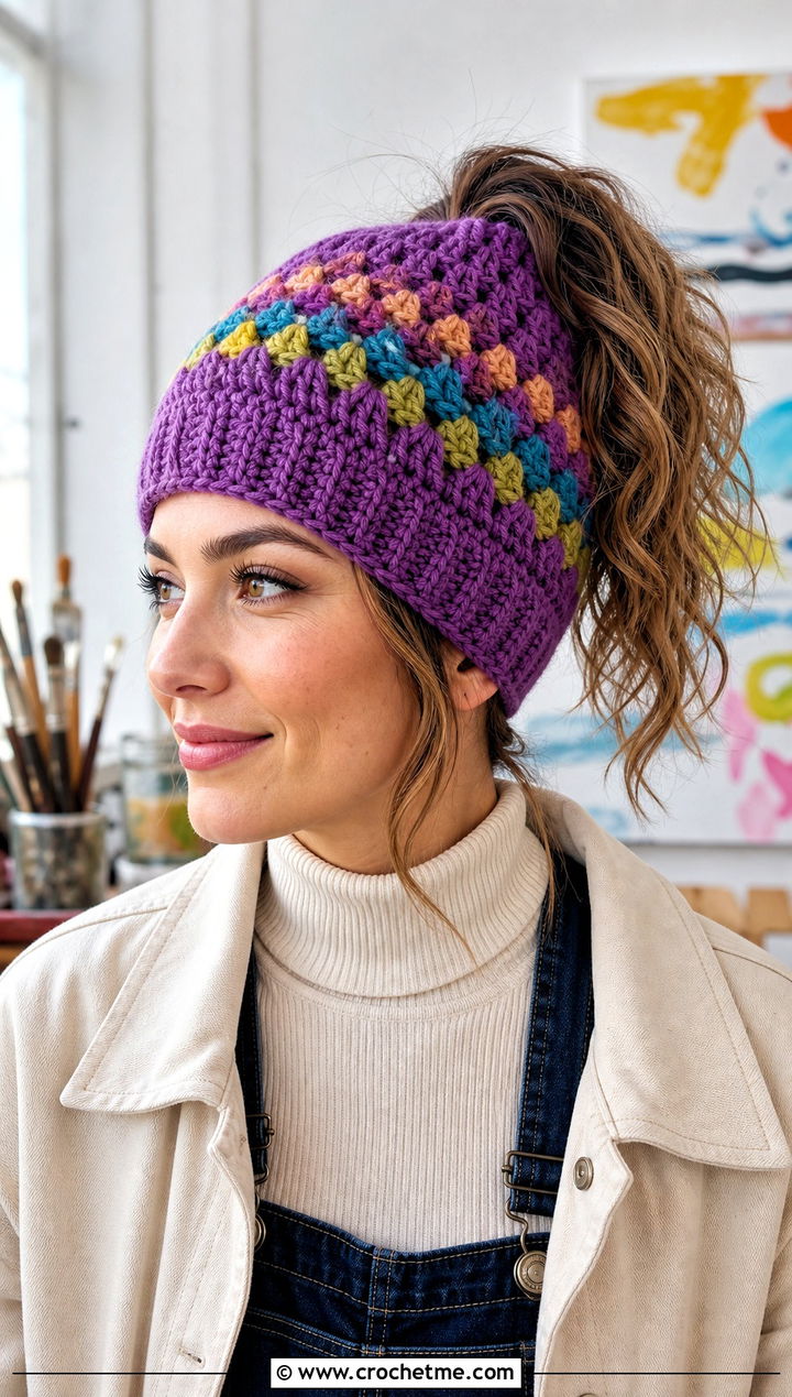 Granny Stripe Crochet Ponytail Beanie With Overalls - 20 Crochet Ponytail Beanie outfit ideas