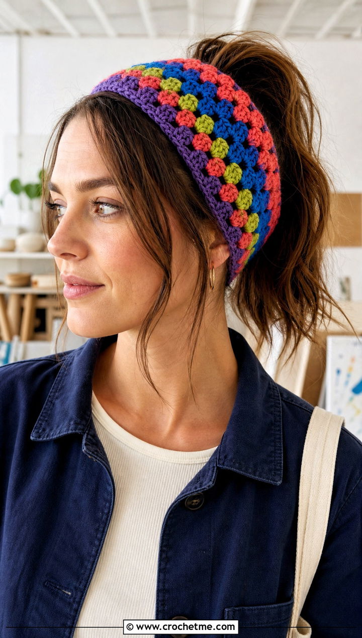 Granny Stripe Crochet Ponytail Headband With Chore Jacket - 20 Crochet Ponytail Headband outfit ideas